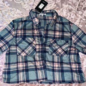 Fashion Nova Lounge Lover Cropped Plaid Flannel Top – Sage/Combo – Size L